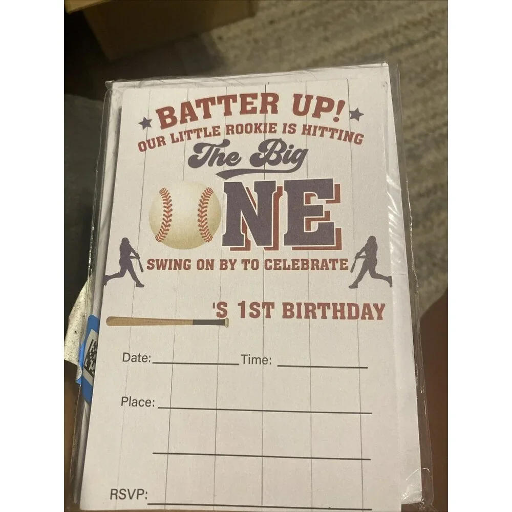 New One Year Old Baseball Rookie Birthday Party Invitations 20 Invites